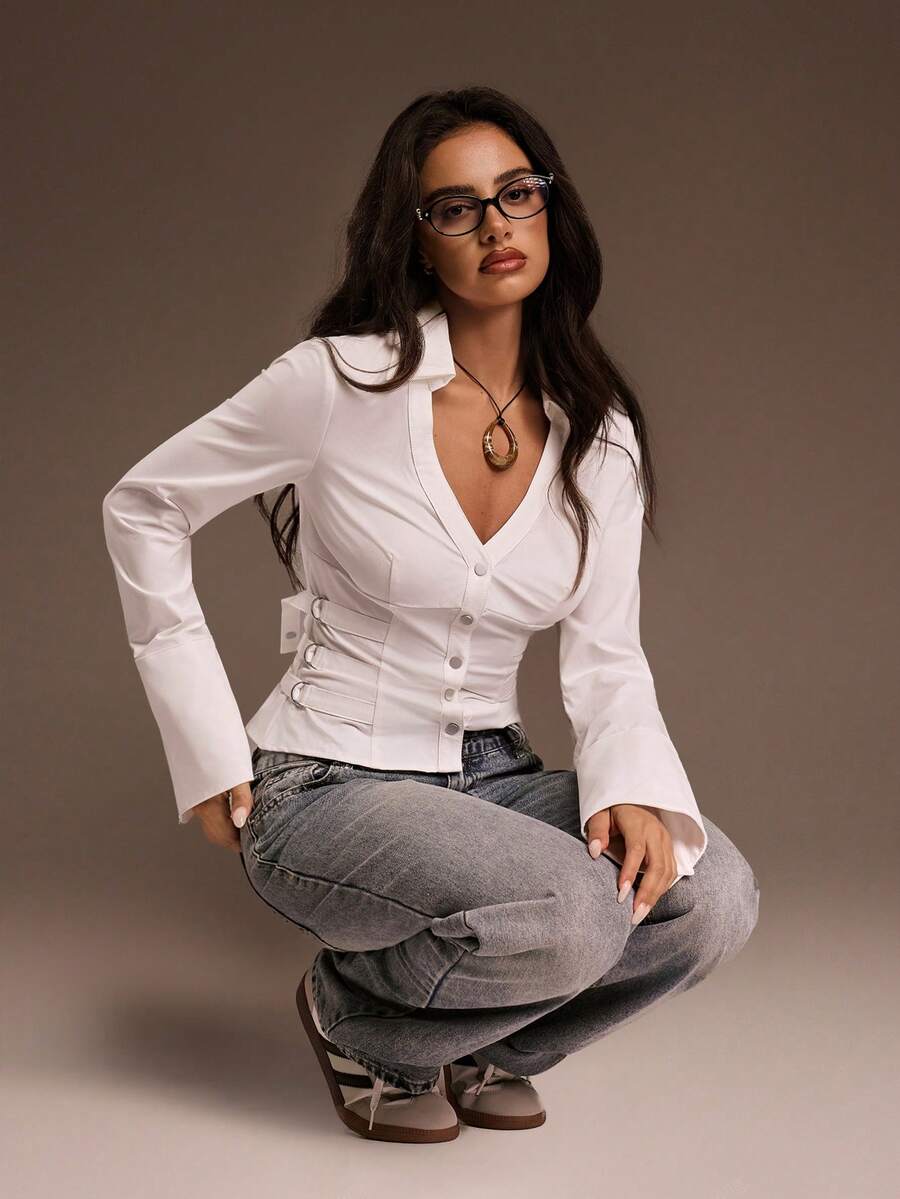 SHEIN ICON Y2k Women's White Solid Color Waist-Cinched V-Neck Long Sleeve Blouse,White Shirt - White - View 1