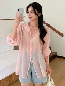 DAZY Women's Solid Color V-Neck Loose Semi-Sheer Long Sleeve Blouse Spring - Pink - View 5