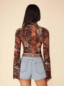 Coeurva 印花高领喇叭袖透视露脐网纱夏季女士沙滩波西米亚风上衣 - 黑色 - 查看 2