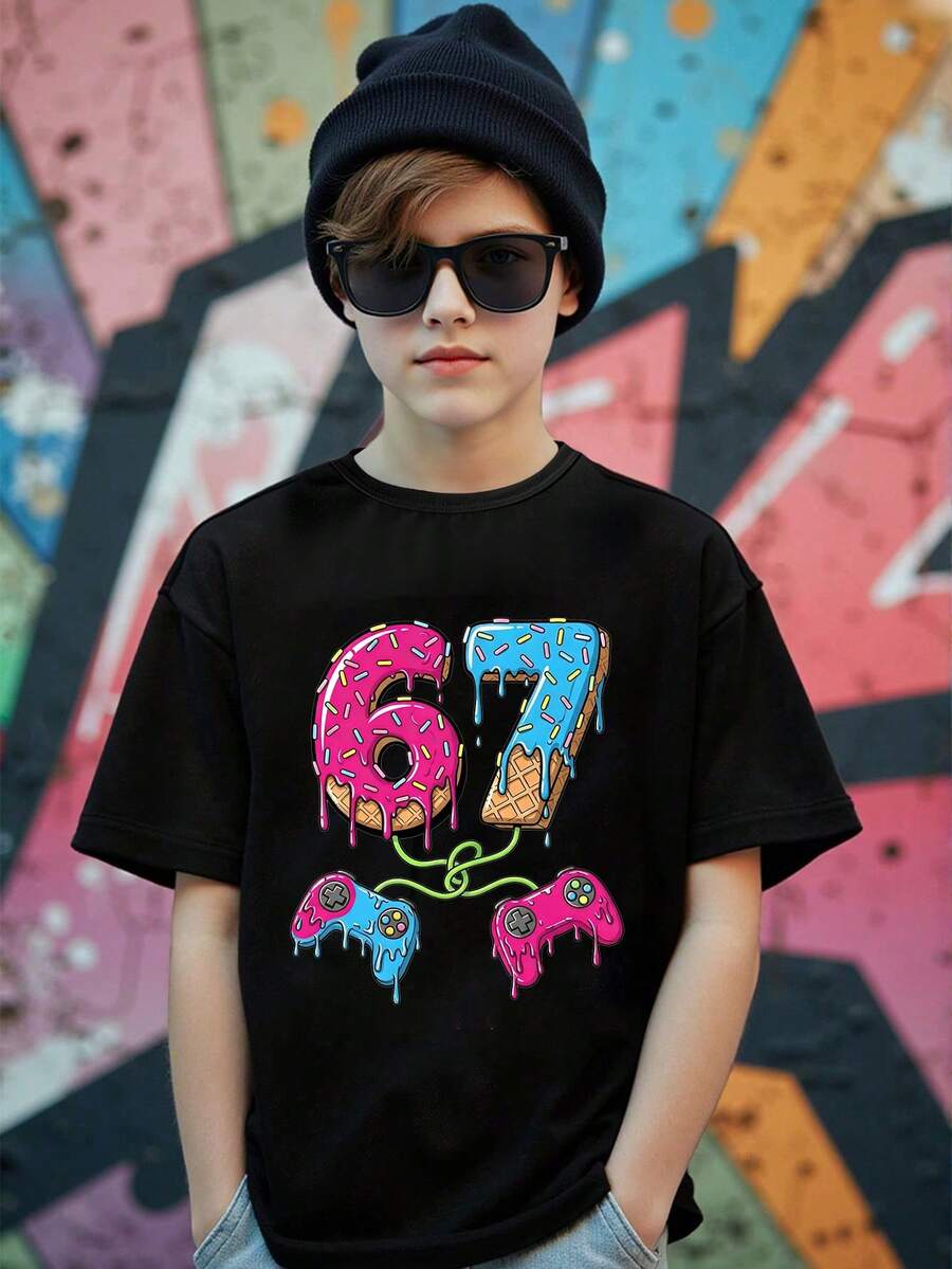 Boys' Black Casual Short Sleeve T-Shirt,Summer School Creative Colorful Candy Pixel Game Print,Comfortable Stylish All-Match Tee For Fall Daily Wear - Black - View 1