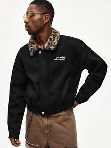 ROMWE MEN Men's Leopard Print Collar Overcoat, Collegiate Style, Autumn/Winter - Black - View 3