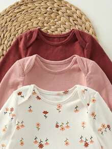 新生女宝宝可爱休闲碎花弹力针织连体衣 - 彩色 - 查看 3