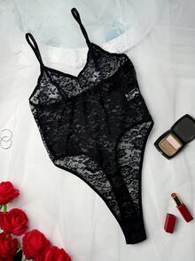 Snug Zone Women's Solid Color Lace Sexy Bodysuit Lingerie For Going Out - Black - View 2