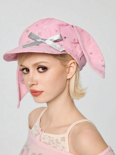 Kawaii 1pc Pink Y2K Babe Cute Rhinestone Star Rabbit Ear Bow Decor Baseball Cap, Fashionable & Minimalist, Suitable For School, Travel, Commute