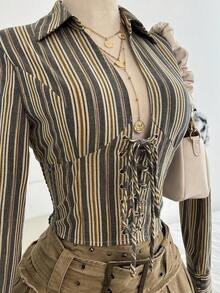 Elamini Áo sơ mi sọc cổ điển dành cho nữ, mùa thu - Nhiều màu - Xem 4