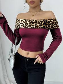 性感露肩撞色豹纹T恤 女款印花猎豹纹T恤 女式上衣 - 酒紅色 - 查看 3