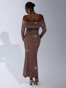 Cheriluna Maternity Maternity Photoshoot Long Sleeve Off-Shoulder Fitted Metallic Maxi Dress - Chocolate Brown - View 2