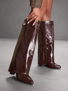 CUCCOO SZL 女士尖头金属装饰时尚过膝长靴，适合日常穿着 - 棕色 - 查看 7