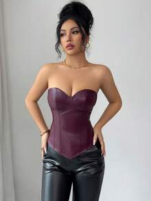 Islaluna Elegante y sexy top de fiesta de tela de PU color burdeos con busto con forma, adecuado para fiestas y citas, top de salida de estilo milenial para mujeres, top sin tirantes de verano para mujeres - Rojo - Ver 5