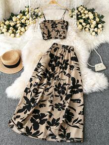 Franclia Tall Conjunto de 2 piezas de top corto y falda con pliegues y estampado floral diminuto, sexy, para primavera/verano - Multicolor - Ver 1