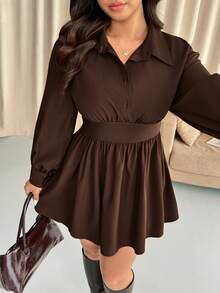 Vionelle Vestido plus size de cor sólida com cintura franzida, mangas compridas e gola camisa em tecido plano, ideal para outono/inverno. - Castanho Café - Ver 6