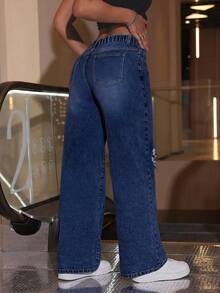 SHEIN EZwear 大码女式做旧个性化时尚直筒牛仔裤 - 深色水洗藍 - 查看 2