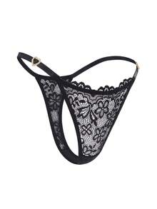 SHEIN Culotte tanga sexy et confortable pour femmes avec décoration de fleurs en dentelle et strass en forme de cœur - Noir - Voir 4