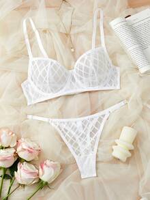 2pcs Set Romantic Sheer Mesh Sexy Lingerie, Sexy Bralette With No Lining - White - View 3