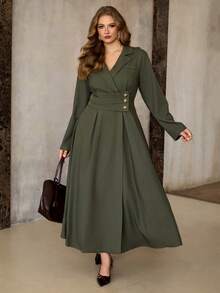 Roveilla 大码女式褶裥翻领腰部收褶A字长袖连衣裙，饰有星星图案，优雅法式复古办公室通勤商务休闲街头风，百搭复古时尚秋冬连衣裙，适合派对、圣诞节、感恩节、新年等场合。