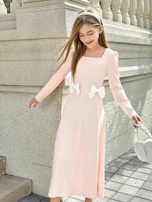 Tween Girl Casual Cute School Style Square Collar Puff Sleeve Contrast Bow Decor Waist Cinched Dress - Multicolor - View 4