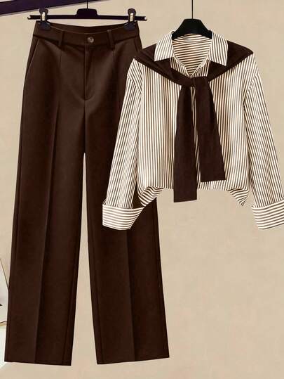 GlowEve CURVE بلوزة مخططة مع بنطلون قطعتين مقاس كبير، طراز المسافر، خريفي