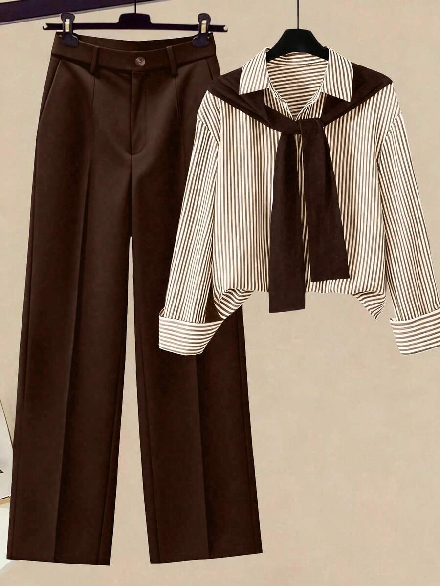 GlowEve CURVE 大码条纹纽扣衬衫和裤子两件套，通勤风，秋季款 - 棕色 - 查看 1