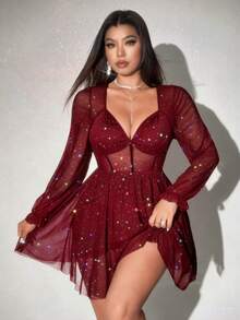 Viva Relle 大码女式性感V领长袖A字迷你紧身连衣裙，适合派对和情人节穿着 - 酒紅色 - 查看 3