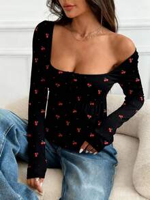 SHEIN EZwear 女士印花纽扣长袖休闲衬衫 - 黑色 - 查看 6