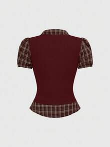 ROMWE Vintage Gothic Plaid Patchwork 2 In 1 Women Top, Back To School - Burgundy - View 2