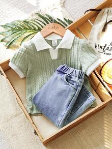 SHEIN Vintaside Kids 这款男童百搭休闲翻领短袖上衣搭配时尚水洗牛仔裤套装，适合日常穿着、家庭露营、外出就餐或购物。 - 軍綠色 - 查看 4