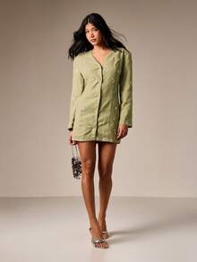 AiiRZ Đầm blazer đính sequin lấp lánh với phần vai được thiết kế cầu kỳ và hàng cúc phía trước, thích hợp cho các buổi tiệc tối. - màu xanh lá - Xem 3