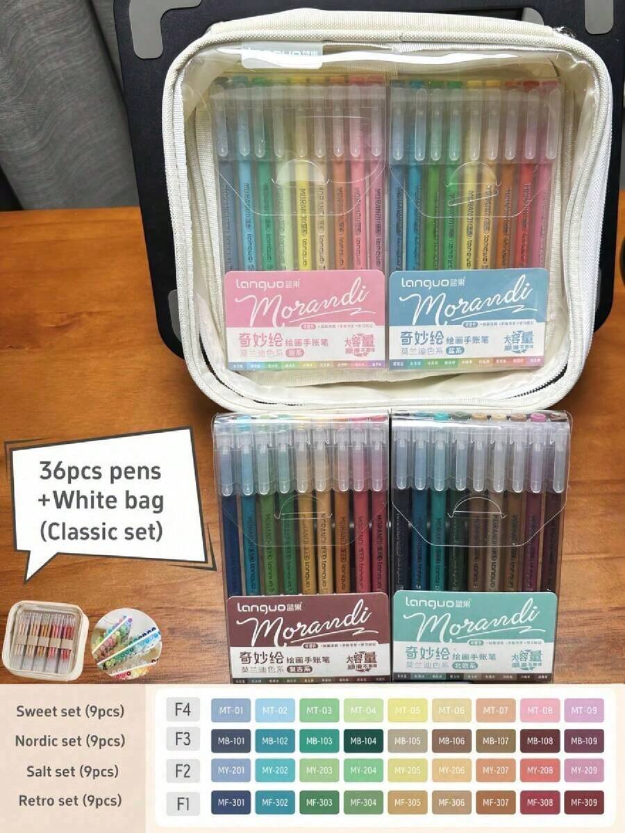 36pcs Classic Bag Set Morandi Color Pens Set Transparent Barrel Multi Colors Gel Ink 0.5mm Ballpoint Liner Marker For Drawing Highlighting - Pink - View 1
