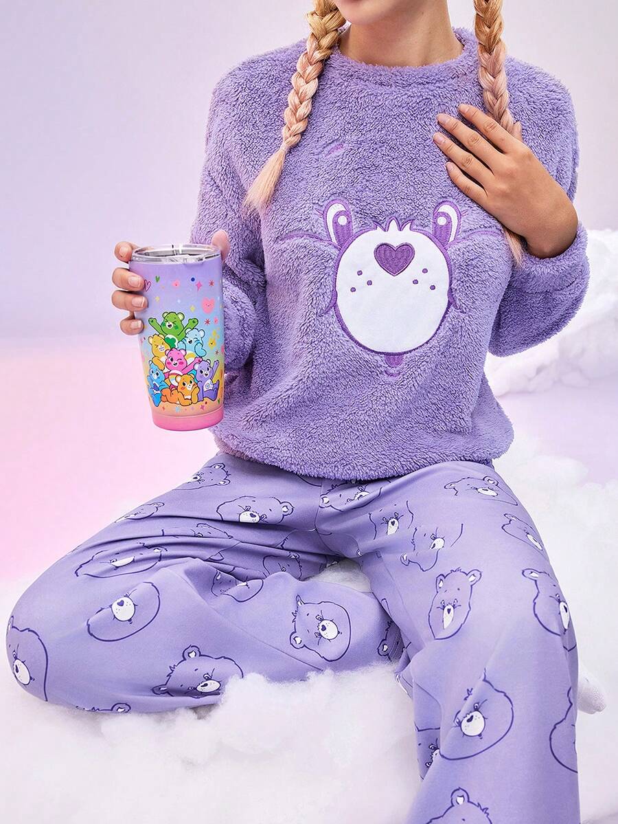SHEIN X Care Bears Women's Lambswool Embroidery Bear Pattern Teddy Top & Pants Pajama Set, Fall And Winter Cute Purple Pajamas, Share Bear Fall Clothes - Purple - View 1