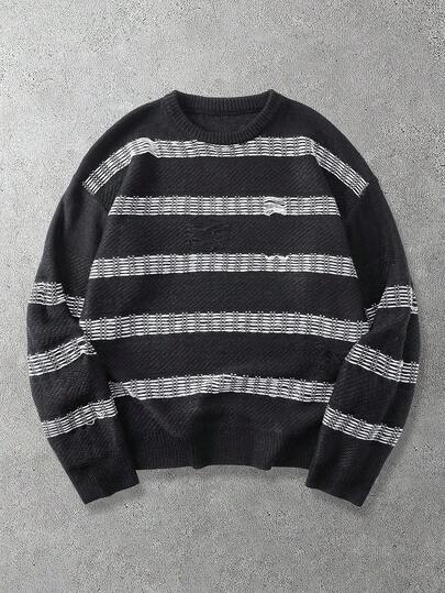 pull à col rond à manches longues avec motif rayé pour hommes