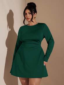 SHEIN BAE Plus Size Women's Brown Long Sleeve Tie-Waist Casual Elegant Mini Dress, Autumn/Winter - Dark Green - View 5