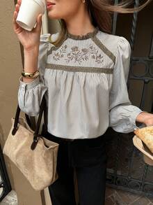 Serisse 女士休闲条纹花卉刺绣灯笼袖衬衫，秋季 - 綠色 - 查看 4