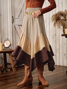 Wildy BOHO Casual Country Style Color Block Asymmetrical Hem Skirt For Women, Versatile Basic For Daily Wear, Autumn/Winter/All Season - Multicolor - View 5