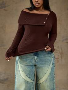 Truni Plus Size Women's Oblique Shoulder T-Shirt,Large Collar Metal Buckle Stretchy Knit Top,Brown,Autumn,Elegant,Night Out Club,Pear Triangle - Brown - View 7