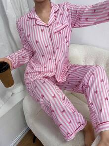 SHEIN 泡泡褶皱条纹爱心开衫女士睡衣套装 - 粉色 - 查看 4