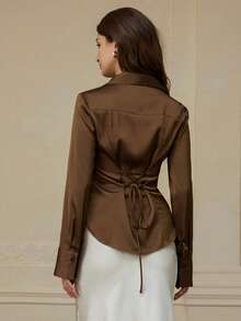 BELROSIE Satin Fabric, Tie-Back Waist Decor, Ruffle Hem Design Elegant & Versatile Long Sleeve Blouse - Coffee Brown - View 2