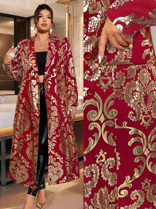 Cravure Áo khoác dài tay cổ bẻ in họa tiết lá kim loại cổ điển cỡ lớn, dáng chữ A, cài hai hàng khuy, thanh lịch cho tiệc tùng, đi chơi, tụ tập, ăn tối - Màu Đỏ Sâu - Xem 7