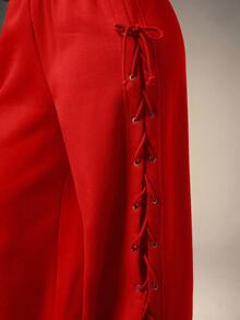 Denimoi Casual Side Cut Out Lace Up Sweatpant - Red - View 4