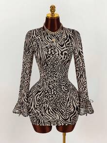 Amplova Women's Mini Dress, Leopard Print Flocked, Sexy Backless, Sheer Mesh Sleeves, Front Slit, Autumn/Winter Open Back Dress Zebra Print Dress - Multicolor - View 3