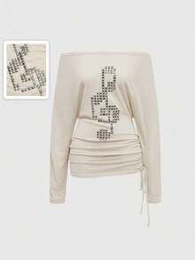 ROMWE Grunge Punk Punk Style Cross Rivet Off Shoulder Women Long Sleeve T-Shirt Top - Khaki - View 5