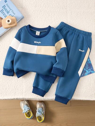 SHEIN 2pcs Baby Boy Casual Minimalist Colorblock Letter Print Crew Neck Sweatshirt And Jogger Pants Set, Suitable For Autumn/Winter