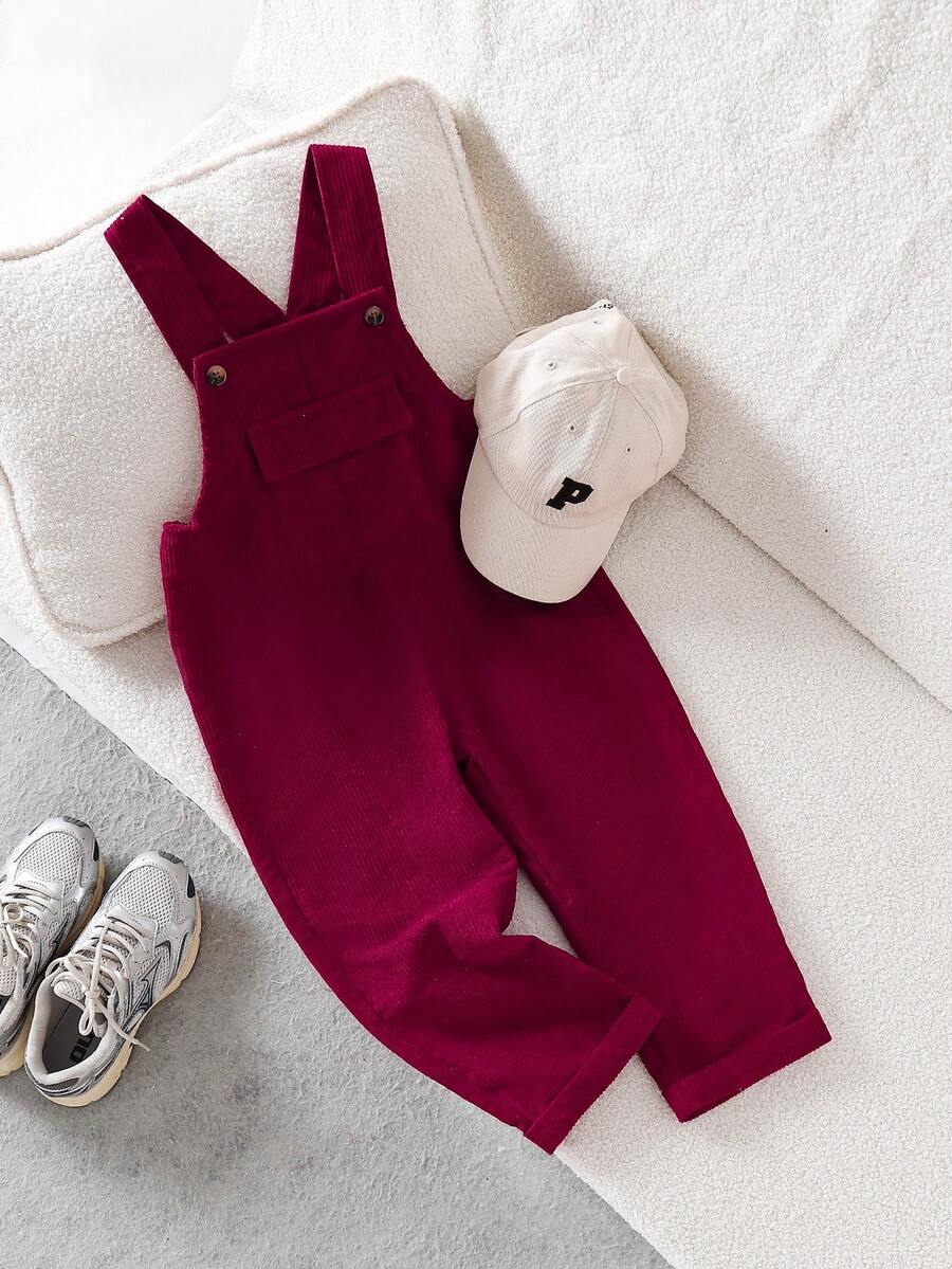 女童灯芯绒休闲纽扣口袋背带连体裤 - 酒紅色 - 查看 1