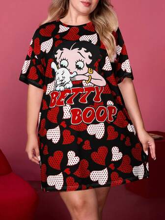 Betty Boop x SHEIN 大码夏季休闲心形图案圆领短袖睡裙