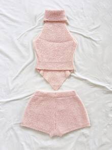 Soleia 2 Stücke Damen Pullunder Set mit hohem Kragen und einfarbig - Pink - Übersicht 2