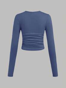 SHEIN Girlism 3件套少女纯色圆领褶饰长袖T恤 - 藏蓝色 - 查看 6