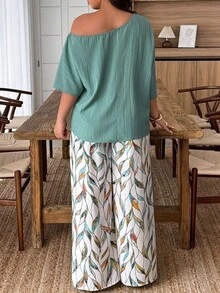 Weeklong Bộ đồ đi làm thường ngày rộng rãi, chất liệu vải lanh 2 mảnh họa tiết hoa nhiều màu sắc, dáng rộng, không đối xứng, dành cho nữ, mùa xuân/hè - màu xanh lá - Xem 2