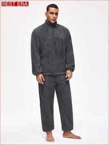 EasyFave Men's Solid Color Minimalist Long Sleeve Loungewear Set - Grey - View 3