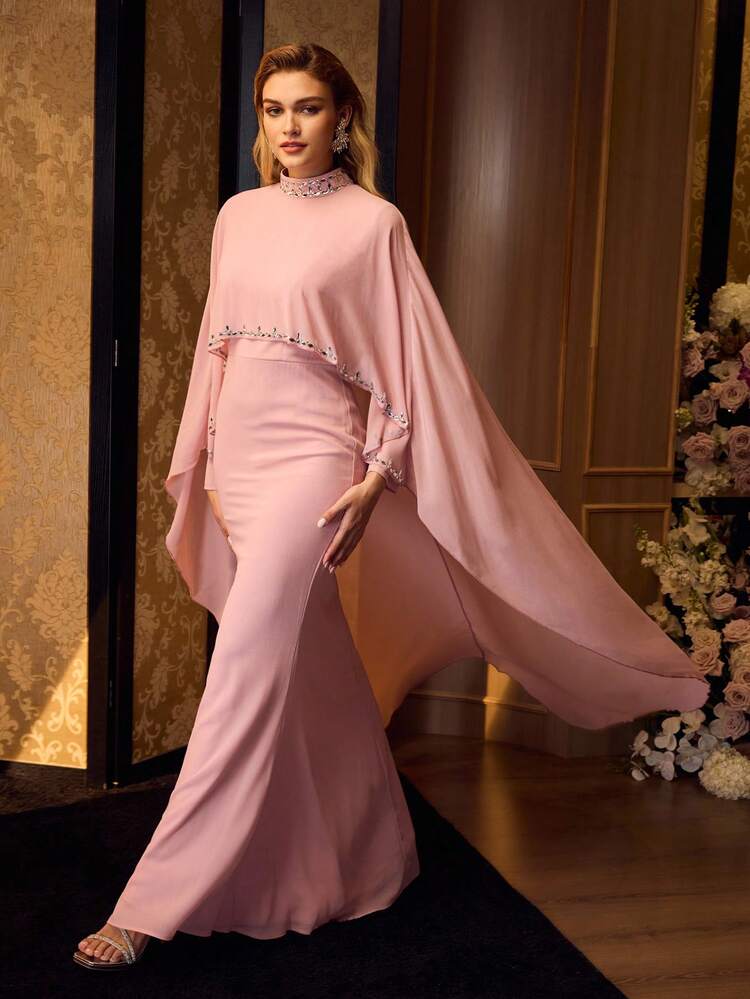MOTF Soiréza WOMEN'S TWO PIECES FLOOR-LENGTH PARTY GOWN – MANDARIN COLLAR CAPE, CRYSTAL EMBELLISHMENTS & MERMAID FLARED SKIRT , CHIFFON FABRIC, FORM-FITTING SILHOUETTE FOR HOLIDAY PARTIES, WEDDINGS & FORMAL EVENTS