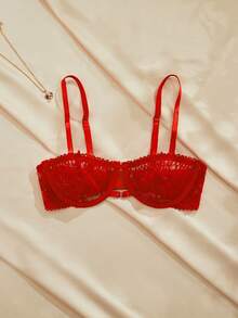 Charlaine French Red Lace Push Up Bra Semi Sheer Plant Pattern Underwire Bralette For Women - Red - View 1