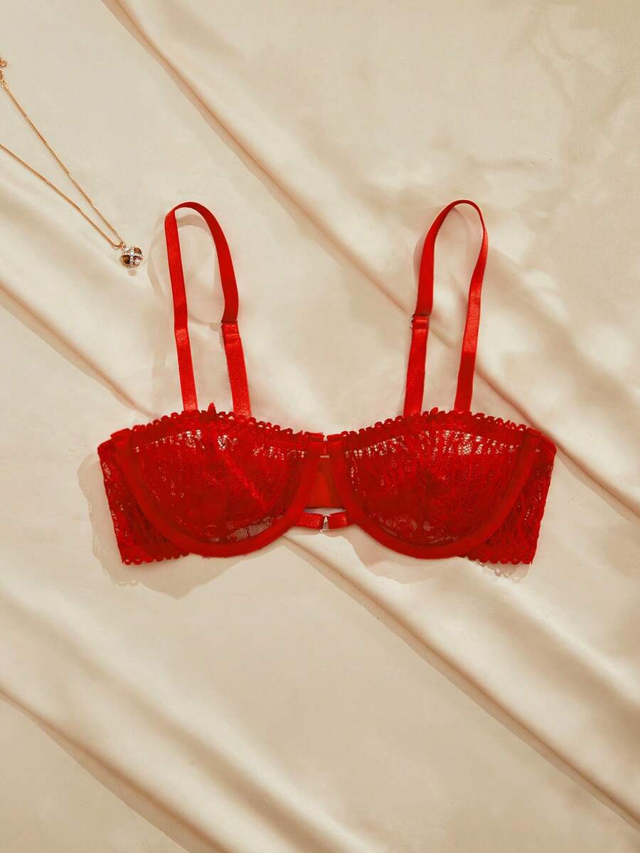 Charlaine French Red Lace Push Up Bra Semi Sheer Plant Pattern Underwire Bralette For Women - Red - View 1